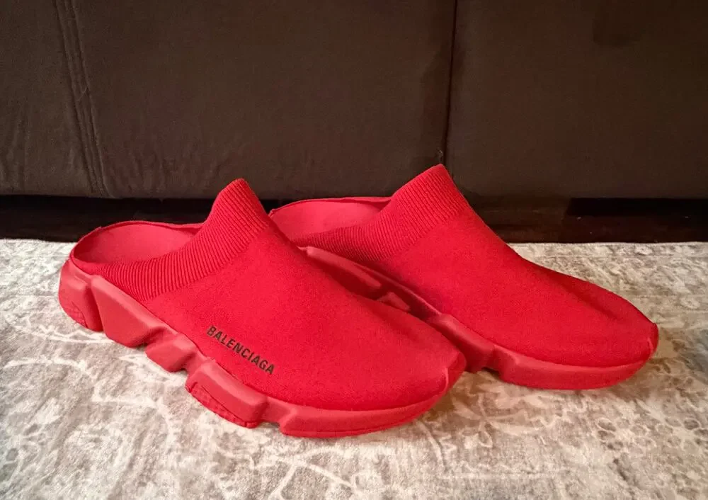 $925 NIB Balenciaga Speed Mule Tomato Red Knit Slip-On Sneakers Shoes 12(45)